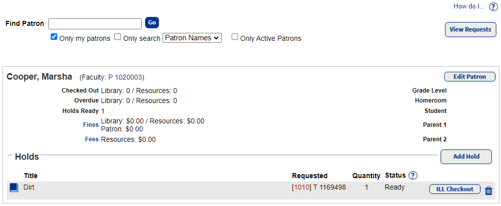 ILL for a patron with a Status of Ready and ILL Checkout button available.
